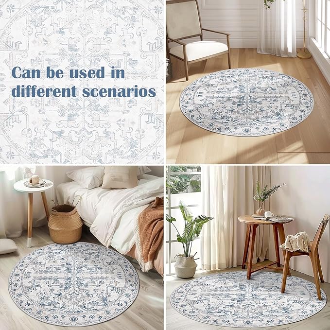 jinchan Lima Round Rug 4ft Vintage Machine Washable Area Rug Indoor Circle 4' Ultra-Thin Non-Slip Floral Print Carpet for Farmhouse Entryway Dining Room Living Room Bedroom Office (4'Round, Blue)