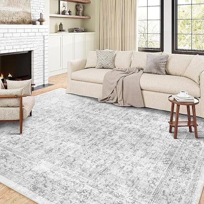 6x9 Area Rug, Ultra-Soft Washable Rug for Living Room, Dinner Room, Bedroom, Non-Slip Vintage Floral Rug, Indoor Carpet Large Area Rug, Grey