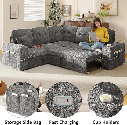 Modular Sectional Sleeper Sofa with Pull Out Bed, L Shaped 5 Seat Sectional Couches for Living Room, 84 Inch Sofa Bed with Adjustable Backrest | Hidden Storage | Wide Armrest | Grey
