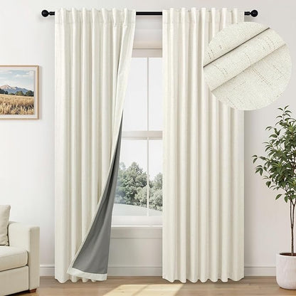 Neutral 80 Inch Nursery Blackout Curtains for Bedroom 80 Inches Long 2 Panel Thermal Curtain for Summer Heat Blocking Linen Textured Custom Made Drapes Pleated Back Tab Rustic Ceiling to Floor Length