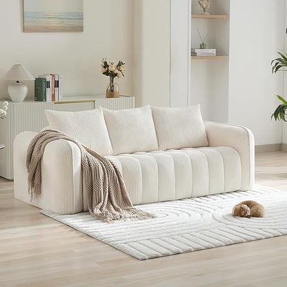 83'' Boneless Corduroy Sofa, Oversized 3 Seater Deep Seat Couch with Rounded Armrest, Modern Upholstered Cloud Sofa for Living Room, No Assembly, White