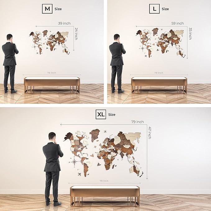 Handmade 3D Wood World Map Wall Art Large Wall Decor Track Your World Travels - Special for Home, Kitchen and Office (Urban, X-Large)