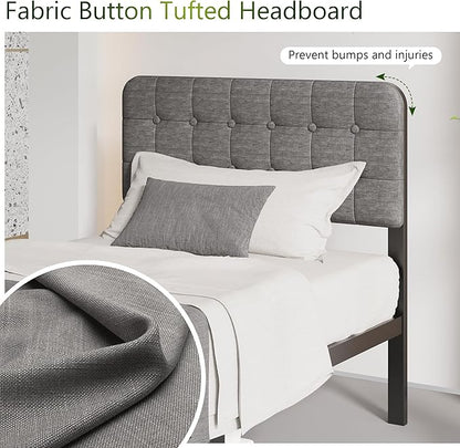 12 Inch Twin XL Bed Frames with Upholstered Headboard and Metal Footboard, No Box Spring Needed, Heavy Duty XL Twin Metal Mattress Foundation, Noise Free, Easy Assembly