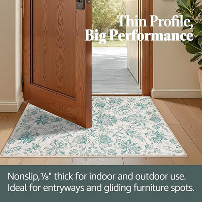 jinchan Torino 2x3 Washable Rugs for Entryway Vintage-Inspired Floral Design Non-Slip Low-Pile Doormat Ultra-Thin Indoor Traditional Accent Carpet for Entrance Kitchen Bathroom Bedroom
