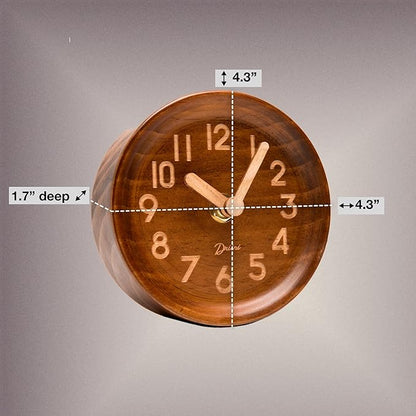 Driini Wooden Analog Desktop Clock – 4.3 in. Decorative Pinewood, No-Tick Design – Easy to Read Silent Sweep Mantle Clock – Quiet Tabletop Clocks with Wood Body, Hands, & Battery Cover; Dark