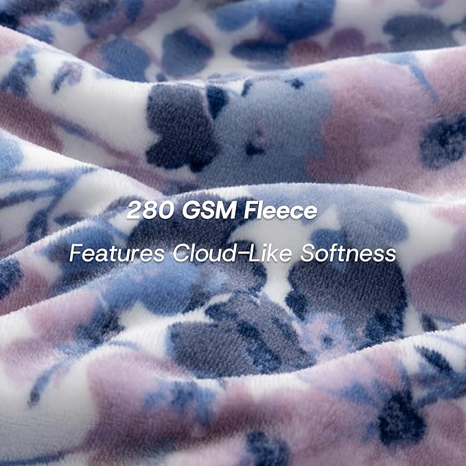 Luxury Printed Fleece Warm Throw Blanket, Soft Lightweight Velvety Plush Throw for Couch and Bed, Cozy Comfy for All Seasons(White Purple Flowers, 50×70 Inches)