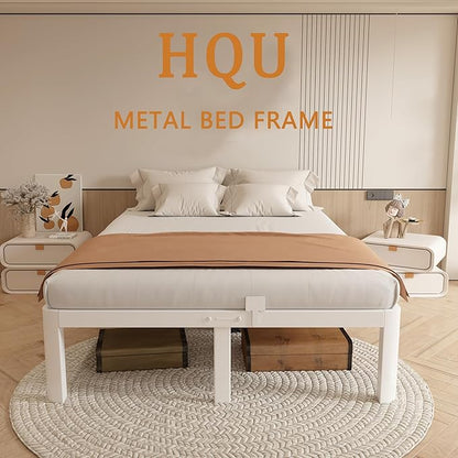 14 Inch White Queen Bed Frame with Metal Gaskets, Anti-Slip Mattress Stopper, No Box Spring Needed, Heavy Duty Steel Slat Support, DIY Headboard, Round Corner Leg, Easy Assembly