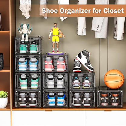 10 Pack Thicken Shoe Organizer Stackable,Upgraded Sturdy Shoe Storage Box with Magnetic Door,Shoe Containers For Sneaker Display,Hat Organizer,Black…