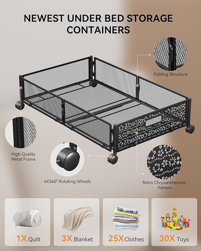 Under Bed Storage with Wheels, Foldable Pattern Carved Metal Under The Bed Storage, Tool-Free Assembly Under The bed Storage Bins, 60L Underbed Storage for Bedroom Clothes Shoes Toys-2 Pack