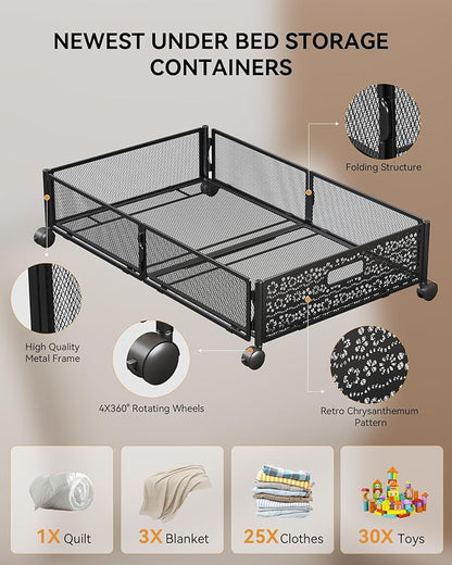 Under Bed Storage with Wheels, Foldable Pattern Carved Metal Under The Bed Storage, Tool-Free Assembly Under The bed Storage Bins, 60L Underbed Storage for Bedroom Clothes Shoes Toys-2 Pack