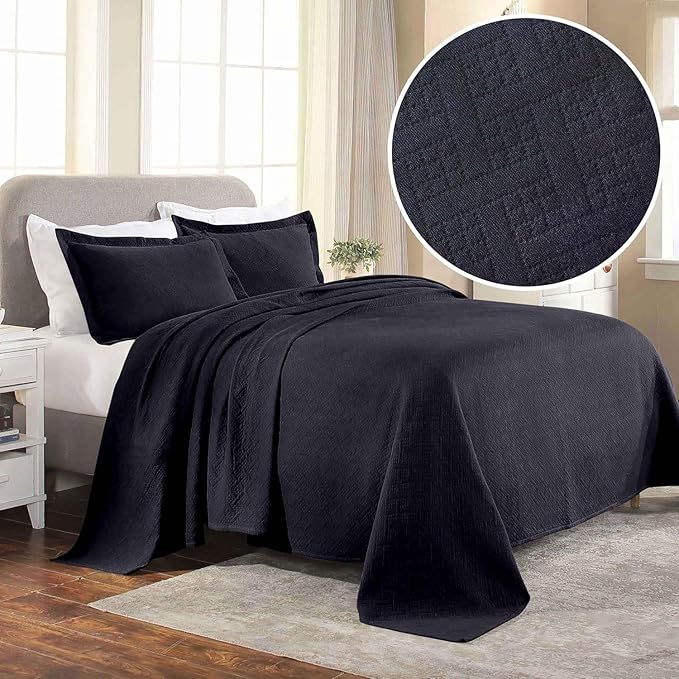 Superior 100% Cotton Basket Weave Bedspread with Shams, All-Season Premium Cotton Matelasse Jacquard Bedding, Quilted-Look Geometric Basket, Queen, Navy Blue