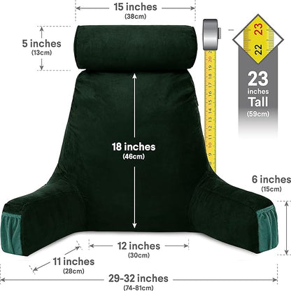 Husband Pillow Medium Aspen Edition Ramona Green, Sit Up Reading & Bed Rest with Arms, Ultra-Comfy, Detach Neck Roll - Premium Shredded Memory Foam Backrest, Reverses to Micro: Suede or Plush