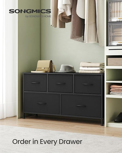 SONGMICS Dresser for Bedroom, Chest of Drawers, Steel, MDF, 5 Non-Woven Fabric Drawers, Storage Organizer Unit, Closet, Entryway, Ink Black and Ebony Black ULGS322B01S