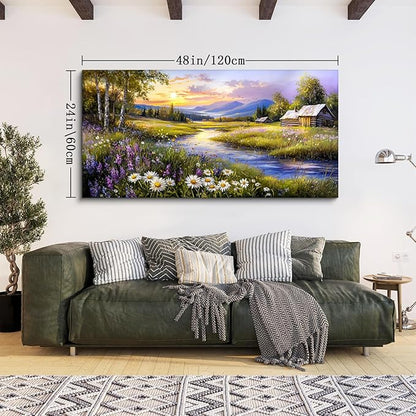 SERIMINO Large Wall Art for Living Room, River Landscape Wall Art, Meadow Wildflower Canvas Art Prints, Countryside Sunset Paintings Wall Decor for Bedroom, Farmhouse Kitchen Decor Pictures 24"X48"