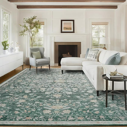 AMADA HOMEFURNISHING 8x10 Area Rugs, Washable Low-Profile Large Living Room Rug with Non-Slip Backing & Durable Edge Binding, Soft Vintage Rug for Bedroom, Dinning Room, Home Office
