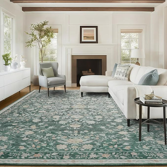 AMADA HOMEFURNISHING 8x10 Area Rugs, Washable Low-Profile Large Living Room Rug with Non-Slip Backing & Durable Edge Binding, Soft Vintage Rug for Bedroom, Dinning Room, Home Office