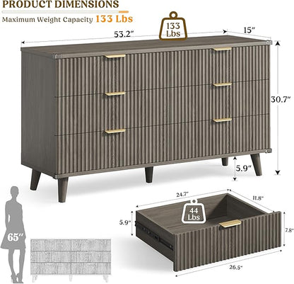 Lulive Wood Dresser for Bedroom with 6 Drawers, 53.2" Long Fluted Modern Chest of Drawers Storage Organizer, Dressers TV Stand for Living Room, Closet, Hallway (Dark Grey Oak)