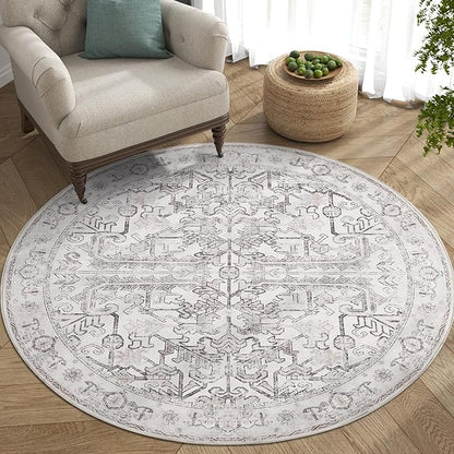 jinchan Lima Round Rug 5ft Vintage Machine Washable Area Rug Indoor Circle 5' Ultra-Thin Non-Slip Floral Print Carpet for Farmhouse Entryway Dining Room Living Room Bedroom Office (5'Round, Taupe)