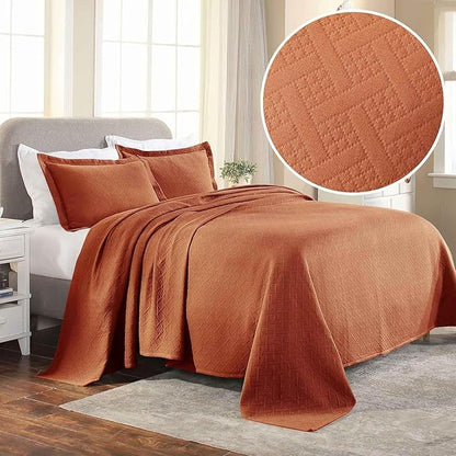Superior 3 Piece Basketweave Cotton Bedspread Set, Home Bed Decor, Decorative Bed Spread, 2 Pillow Shams, Medium Weight Blanket, Matelasse Coverlet Bedding, Geometric Lattice Pattern, King, Mandarin