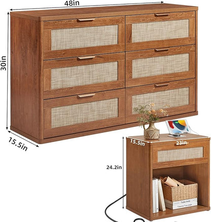 LEYAOYAO Rattan Dresser and Nightstand Sets 3 Piece, Boho Wood Dresser for Bedroom with 6 Drawers and Night Stand with Charging Station, Bedroom Furniture, Dressers & Chests of Drawers, Living Room