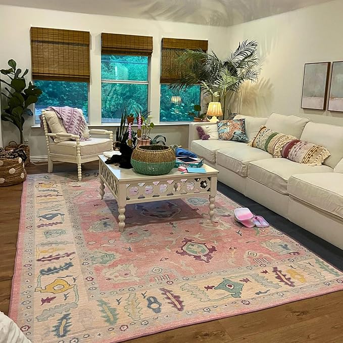 Fame Rugs Pink Modern Oushak Rug 5x7, Washable Vintage Turkish Colorful Oriental Antique Inspired Area Rugs, Luxury Living Room Bedroom (385PB, 5' x 7')