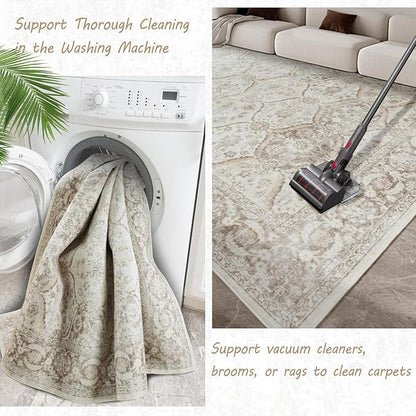 7x9 Machine Washable Non Slip Vintage Area Rugs for Living Room, Low Pile Lightweight Print Rug for Bedroom, Dining Room, Home Office, Beige Gray