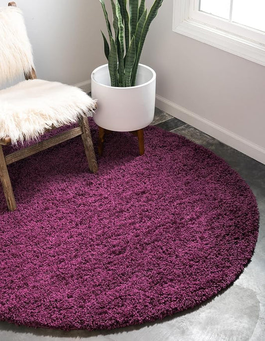 Unique Loom Solid Shag Collection Area Rug (5' 3" Round, Eggplant Purple)