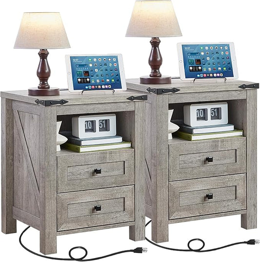 Joaxswe Nightstands Set of 2 with Charging Station, Farmhouse Night Stand with 2 Drawers and Shelf Storage, Wooden Side End Table, Bedside Cabinet for Bedroom, Living Room, Closet,Office (Grey)