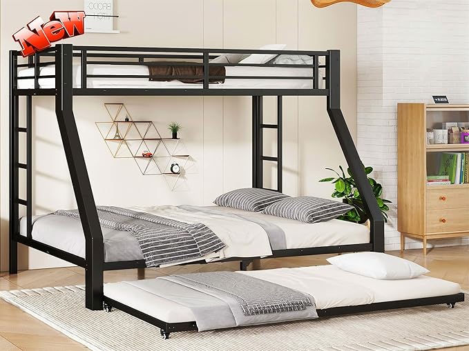 LUCALEO Stronger & Truly Reinforced Heavy Duty Metal Bunk Bed Twin XL Over Queen Size Bunkbed, Thickened More Stable & Safer Steel Bunk Bed Frame with Twin Size Trundle (Greater Weight Capacity)