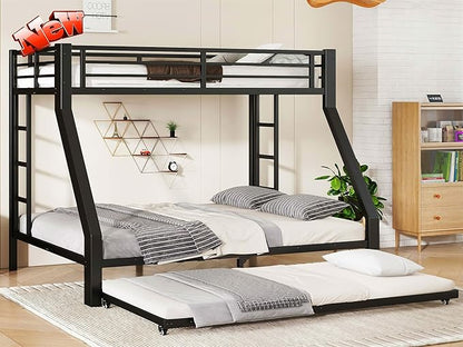 LUCALEO Stronger & Truly Reinforced Heavy Duty Metal Bunk Bed Twin XL Over Queen Size Bunkbed, Thickened More Stable & Safer Steel Bunk Bed Frame with Twin Size Trundle (Greater Weight Capacity)