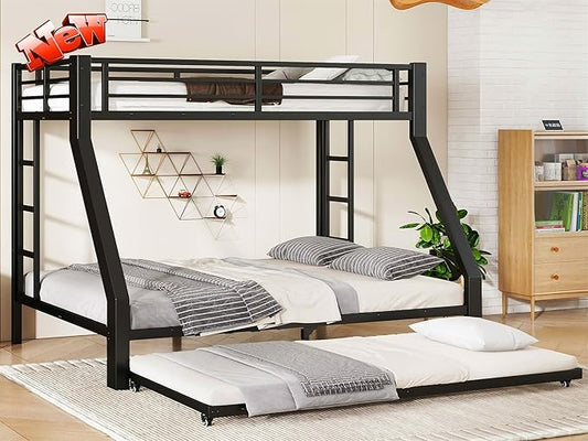 LUXIEE Upgraded & Stronger Heavy Duty Steel Twin XL Over Queen Bunk Bed Frame, More Stable Safer Thickened Metal Bunkbeds with Twin Size Trundle (Twin XL Over Queen)