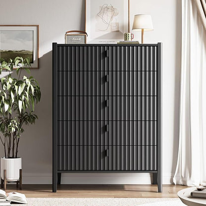 5 Drawer Dresser, Modern Chest of Drawers for Bedroom, Wood Fluted Dresser Organizer with Deep Drawers for Clothes, Nightstand for Bedroom, Hallway, Living Room, Entryway, Black