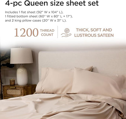 Threadmill Luxury Supima Cotton Sheets, Luxury 1200 Thread Count Soft 100% Cotton Sheets for Queen Size Bed, 4 Pc Beige Bed Sheets Queen Set, 5-Star Hotel Quality Deep Pocket Bed Sheets Set