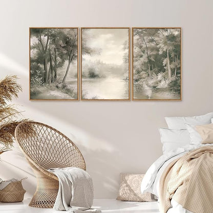 Yeehomedec Vintage Nature Landscape Framed Canvas Wall Art Set, Rustic Misty Forest Sketch Wall Decor, Neutral Wooden Trees Art Print, Retro Foggy Scenery Artwork for Living Room Bedroom Office 16"x24"x3
