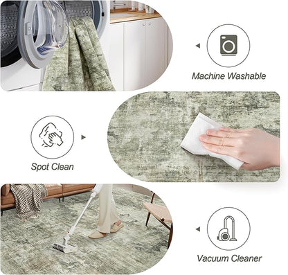Area Rug 6x9 Abstract Living Room Washable Rugs Green Black Non Slip Low Pile Carpet for Bedroom Dining Room Foldable Thin