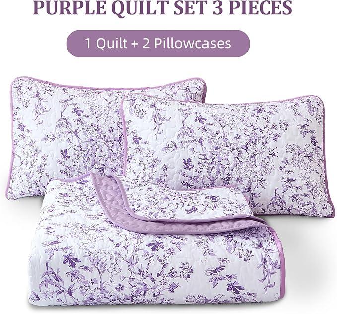 WONGS BEDDING Quilt Queen Size, Purple Quilt Bedding Set with 2 Pillowcases, Botanical Quilt for Queen Bed, Soft Microfiber Lightweight Coverlet Bedspread for All Season (96"×90", 3 Pieces)