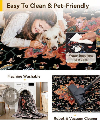Area Rugs 9'x12' Washable Non-Slip, Floral Vintage Distress Print Pattern Medallion Carpet for Living Room Bedroom Dining Room, Black Colorful Floral Dark Tan