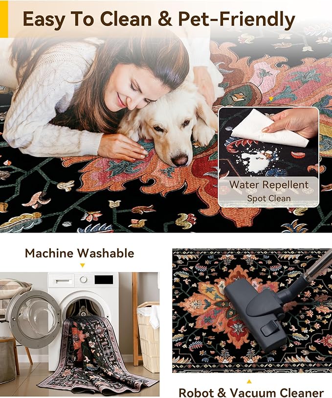 Area Rugs 2'x7' Washable Non-Slip, Floral Vintage Distress Print Pattern Medallion Carpet for Living Room Bedroom Dining Room, Black Colorful Floral Dark Tan