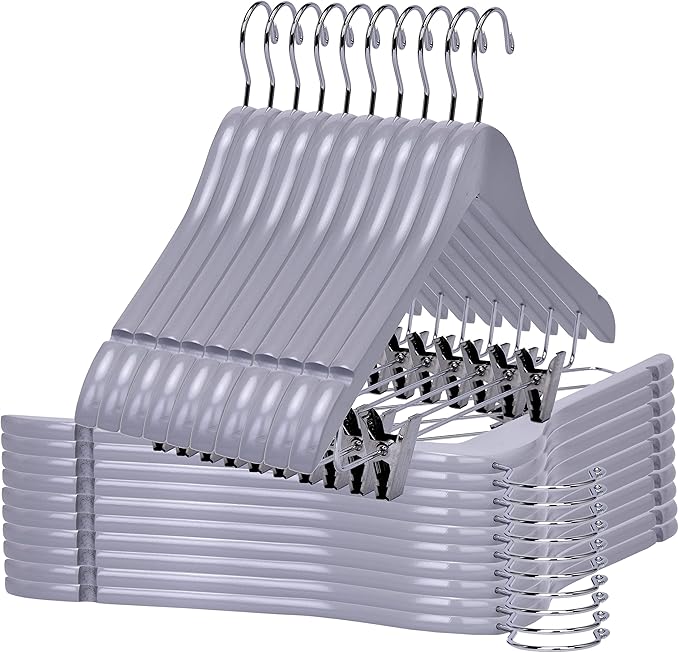 Quality Wooden Skirt Hangers with Clips 80-Pack Grey Pants Hangers with Adjustable Chrome Metal Clips, Swivel Hook, Coat, Jacket, Blouse Suit Hangers (Gray, 80)