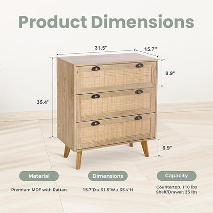 PHI VILLA Rattan Nightstand Set of 2 - Dresser with Drawer Boho Small Cabinet, 3 Drawer Dresser, Rattan Cabinet