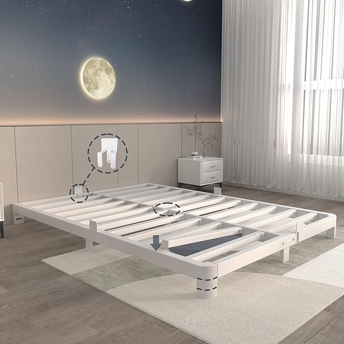 ITIMIDI 4 Inch White King Size Bed Frame, Metal Platform Bed Frames with Metal Gaskets, Heavy Duty Steel Support 3000 LBS, No Box Spring Needed, Anti-Slip Mattress Stopper, Easy Assembly