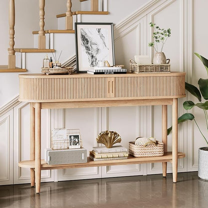 LINSY HOME Fluted Console Table, Mid-Century Modern Entryway Cabinet with Sliding Tambour Doors, Narrow Long Sofa Table, Behind-The-Couch Table for Living Room, Hallway (Light Oak)