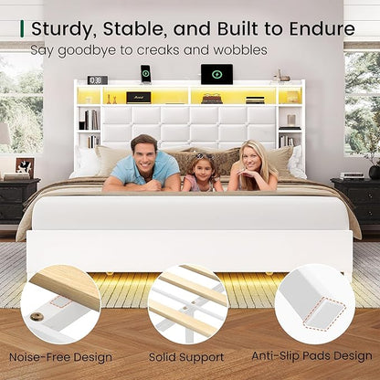 LARMACE Queen Size Bed Frame with 4 Storage Drawers and Bookcase Headboard, Faux Leather Upholstered, Wooden Platform Bed Frame with Charging Station and LED Lights, No Box Spring Needed, White