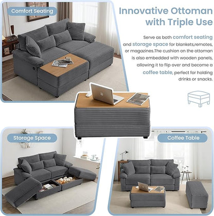 SUNWAVE 74" Double Chaise Lounge Chair Indoor, Oversized Loveseat with Storage Ottoman, Corduroy Couch with USB Charging, Removeable Ottoman, and Coffee Table Cushions for Living Room