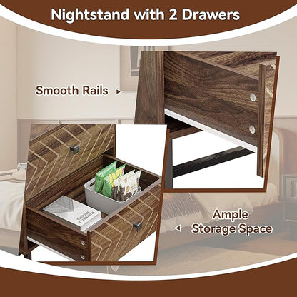Modern Nightstand Set of 2,Morden Night Stand with 2 Drawers,End Tables with Storage,Bedside Tables for Bedroom,Walnut