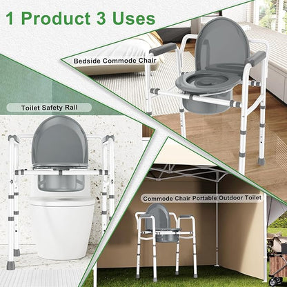 ZOLIQUEX 3 in 1 Bedside Commodes Chair for Seniors with Arms, Portable Width 21.5'' Steel Potty Chair for Elderly Adults with 5 Adjustable Height, Supports Up To 350lb, 6QT Bucket, Tool-Free Assembly