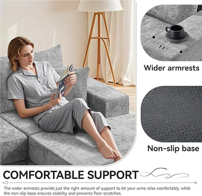 Boneless Sectional Loveseat Couch with Ottoman, Convertible Modular Floor Sleeper Sofa Bed, Comfy Foldable Compression Love Seat Sofa for Living Room, No Assembly, Light Grey