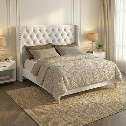 Queen Bed Frame White Velvet, 47.2" Tall Wingback Headboard with Gold Nailhead Trim, Upholstered Platform Bed with Diamond Tufting, 1000lbs Heavy Duty Support, No Box Spring Needed