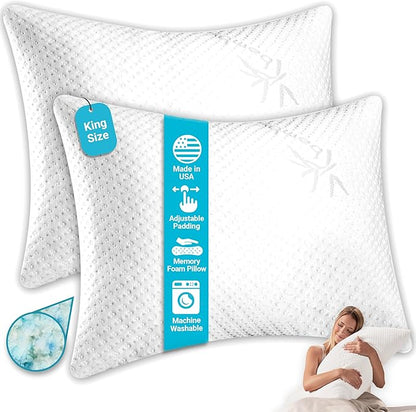 Xtreme Comforts 2-Pack Pillows for Sleeping Made in The USA Sleep Adjustable King Memory Foam Pillow for Side, Back & Stomach Sleepers w/Removable Cooling Zipper Cover