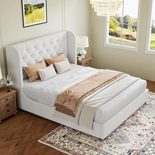 HOMBCK Full Size Bed Frame, White Upholstered Platform Bed Frame with Headboard, Velvet Tufted, Curved Wingback Design, Wooden Slats, No Box Spring, Noise Free, Easy Assembly